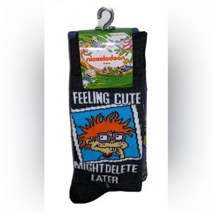 Rugrats Crew Socks 2 Pair Men's 6-12 Black Blue w Chuckie Feeling Cute & Reptar